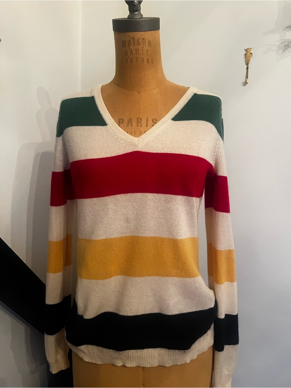 Striped V-Neck cashmere Sweater in Green, Red, Yellow, Black & Cream